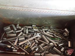 Hand tools: saws, level, sockets, wrenches, rivet tool, trouble light, hammer.