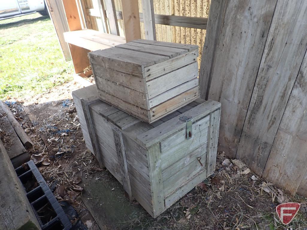 Contents of shed; lumber, bricks, wood crates, wood shelf, wood fence panels, plastic pallets