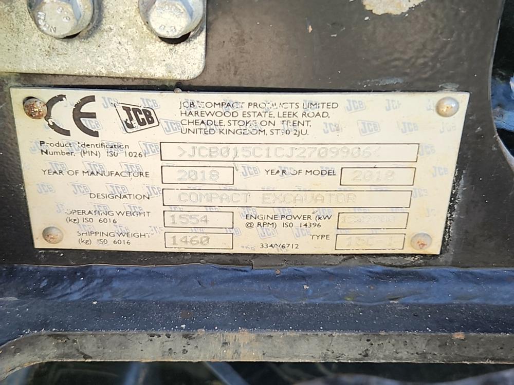 2018 JCB 15C-1 Mini Excavator c/w OROPS, Rubber Tracks, Aux Hydraulics, Bla