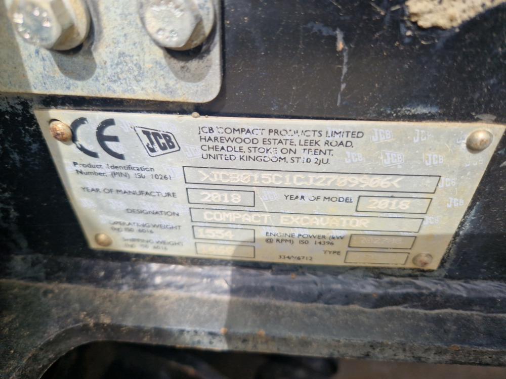 2018 JCB 15C-1 Mini Excavator c/w OROPS, Rubber Tracks, Aux Hydraulics, Bla