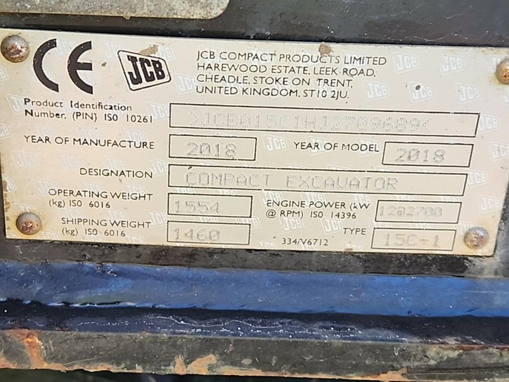 2018 JCB 15C-1 Mini Excavator c/w OROPS, Rubber Tracks, Aux Hydraulics, Bla