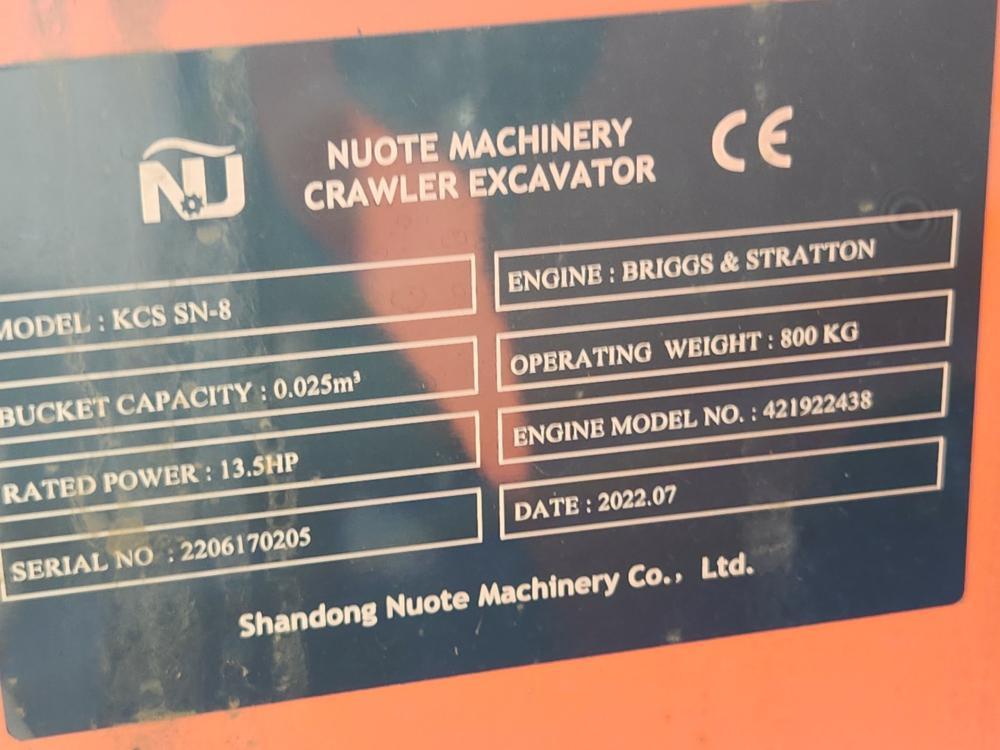2022 NUOTE KCS SN-8 Mini Excavator c/w OROPS, Rubber Tracks, Aux Hydraulics