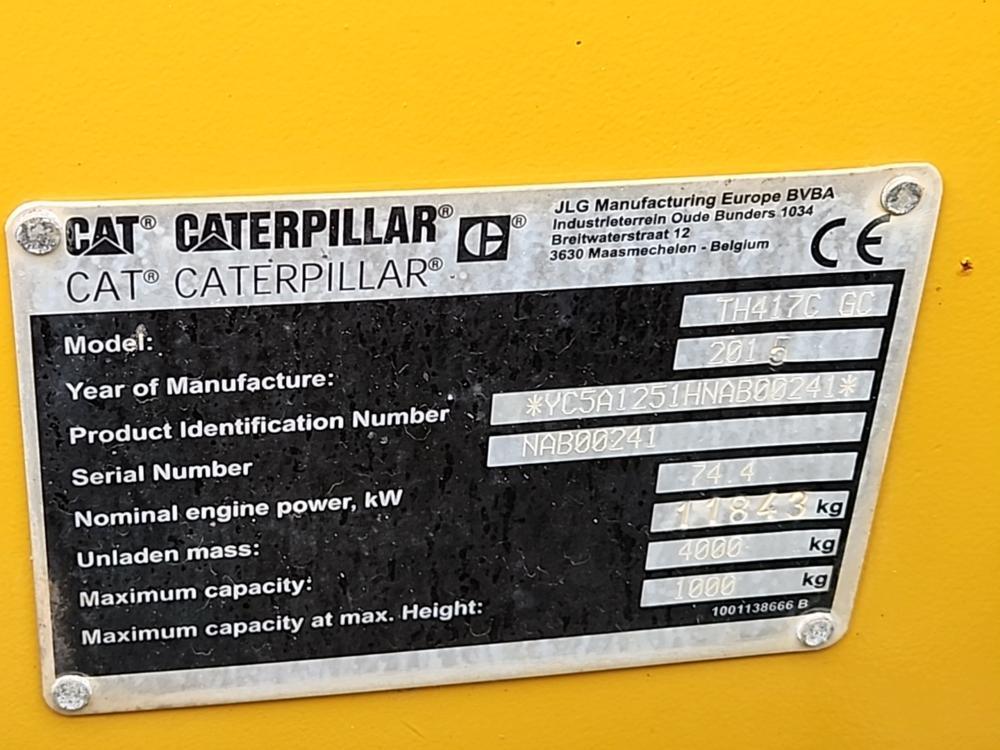 2015 Caterpillar TH417C Telehandler, Cab, 8,800 lbs Max Lift Wt Cap, 56' Ma