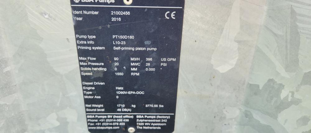 2016 BBA Pumps PT150 D180 6" Self Priming Piston Waterpump, Hatz Engine, 90