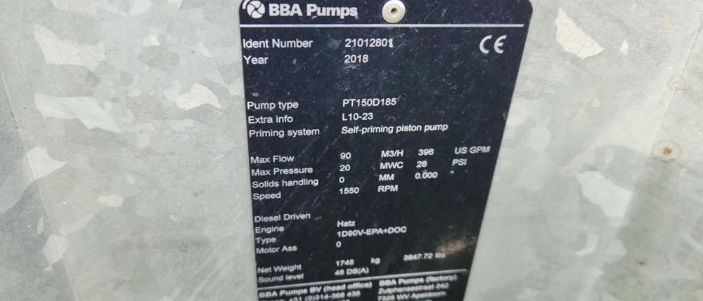 2018 BBA Pumps PT150 D185 6" Self Priming Waterpump, Hatz Engine, 90M3/H /3