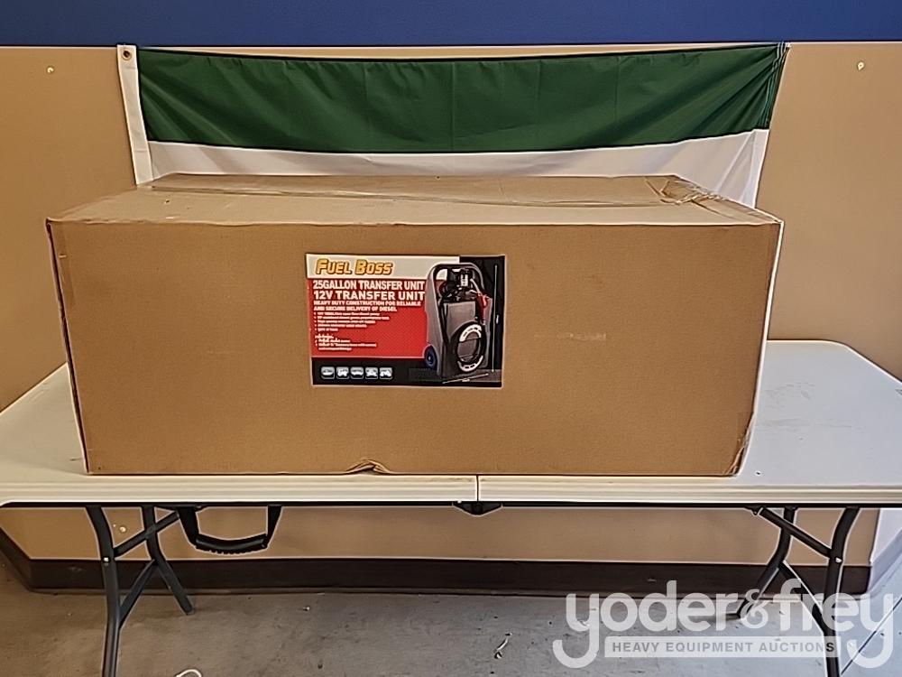 Unused Fuel Boss 25 Gallon Diesel 12V Transfer Unit, 10' Delivery Hose c/w Auto Nozzle, 10 GPM