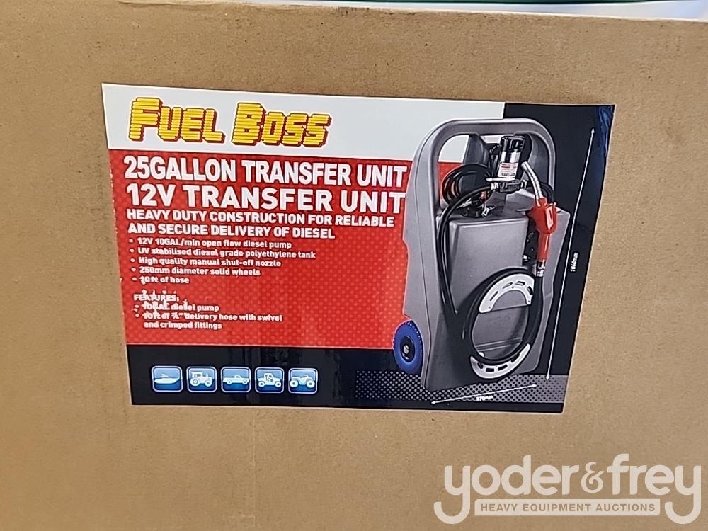 Unused Fuel Boss 25 Gallon Diesel 12V Transfer Unit, 10' Delivery Hose c/w Auto Nozzle, 10 GPM