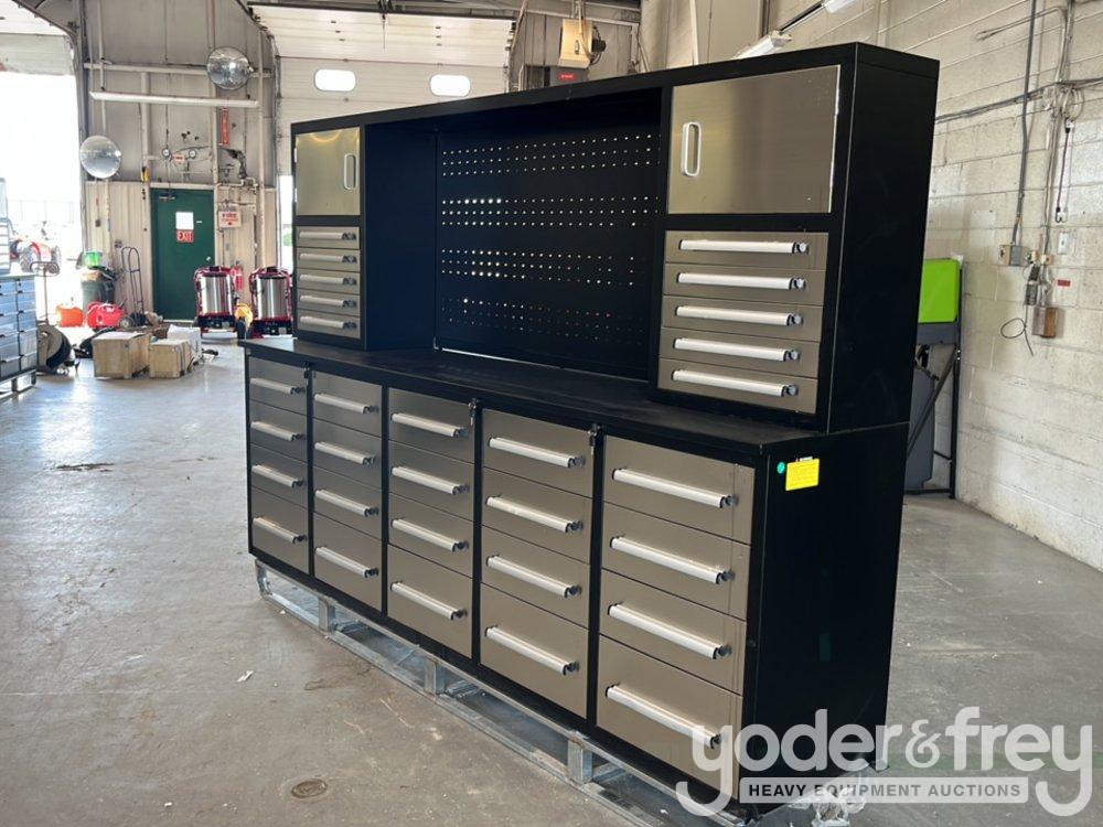 Unused 9' Work Bench c/w 20 Drawers; 10 Drawers, 2 Cabinets on Top Tier