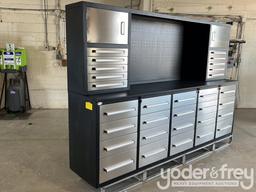 Unused 9' Work Bench c/w 20 Drawers; 10 Drawers, 2 Cabinets on Top Tier