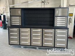 Unused 9' Work Bench c/w 20 Drawers; 10 Drawers, 2 Cabinets on Top Tier