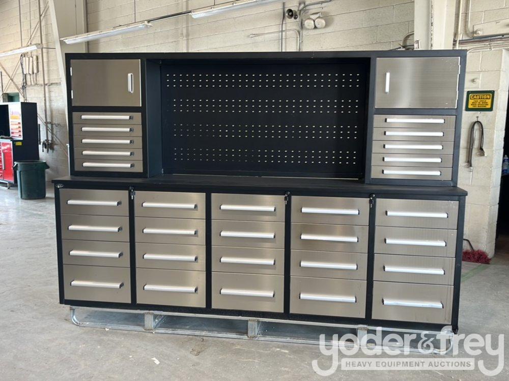 Unused 9' Work Bench c/w 20 Drawers; 10 Drawers, 2 Cabinets on Top Tier