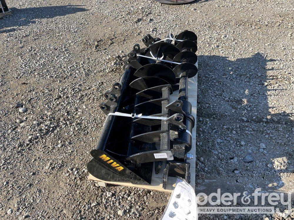 Unused 2025 Miva Set of (8) Attachments Quick Hitch, Rake, Ripper, Auger, 12”...... Auger Rod, 8”...