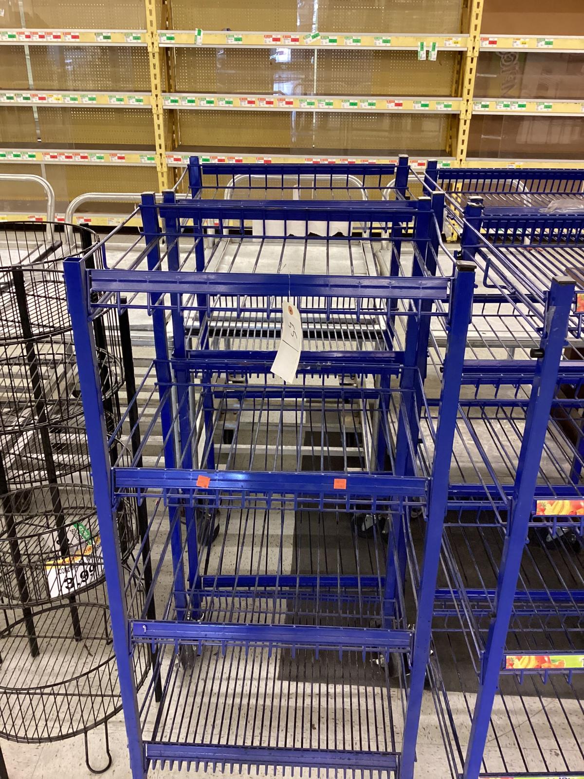 2 BLUE ROLLING 4 SHELF DISPLAY STANDS