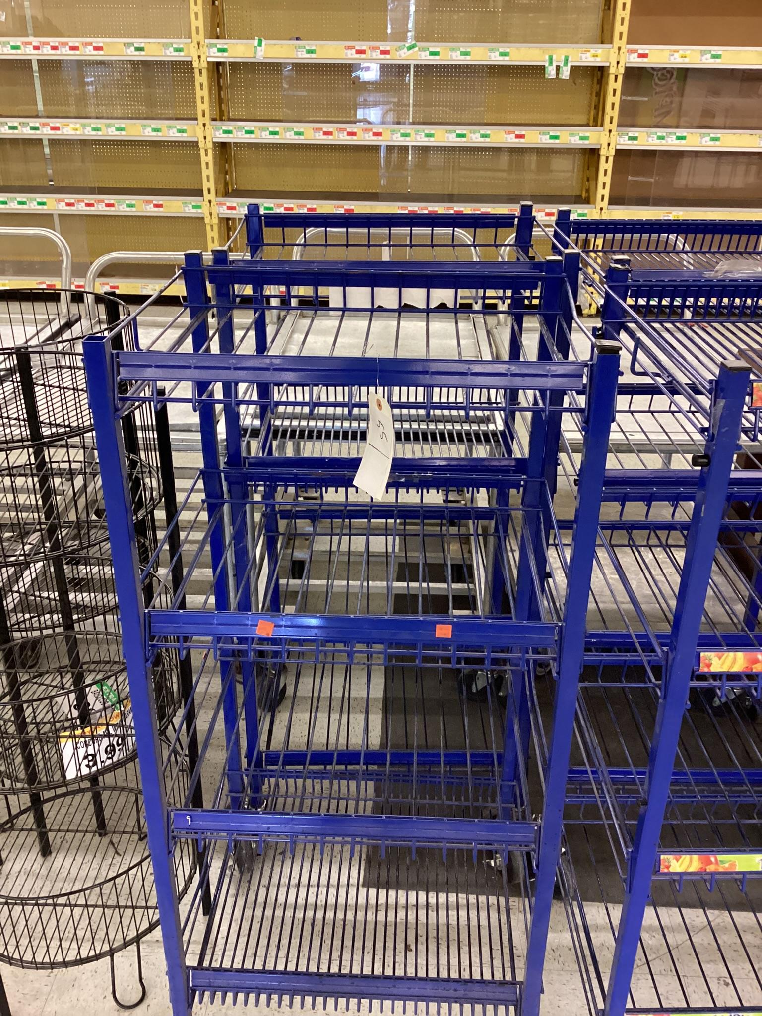 2 BLUE ROLLING 4 SHELF DISPLAY STANDS