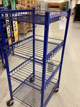 2 BLUE ROLLING 4 SHELF DISPLAY STANDS