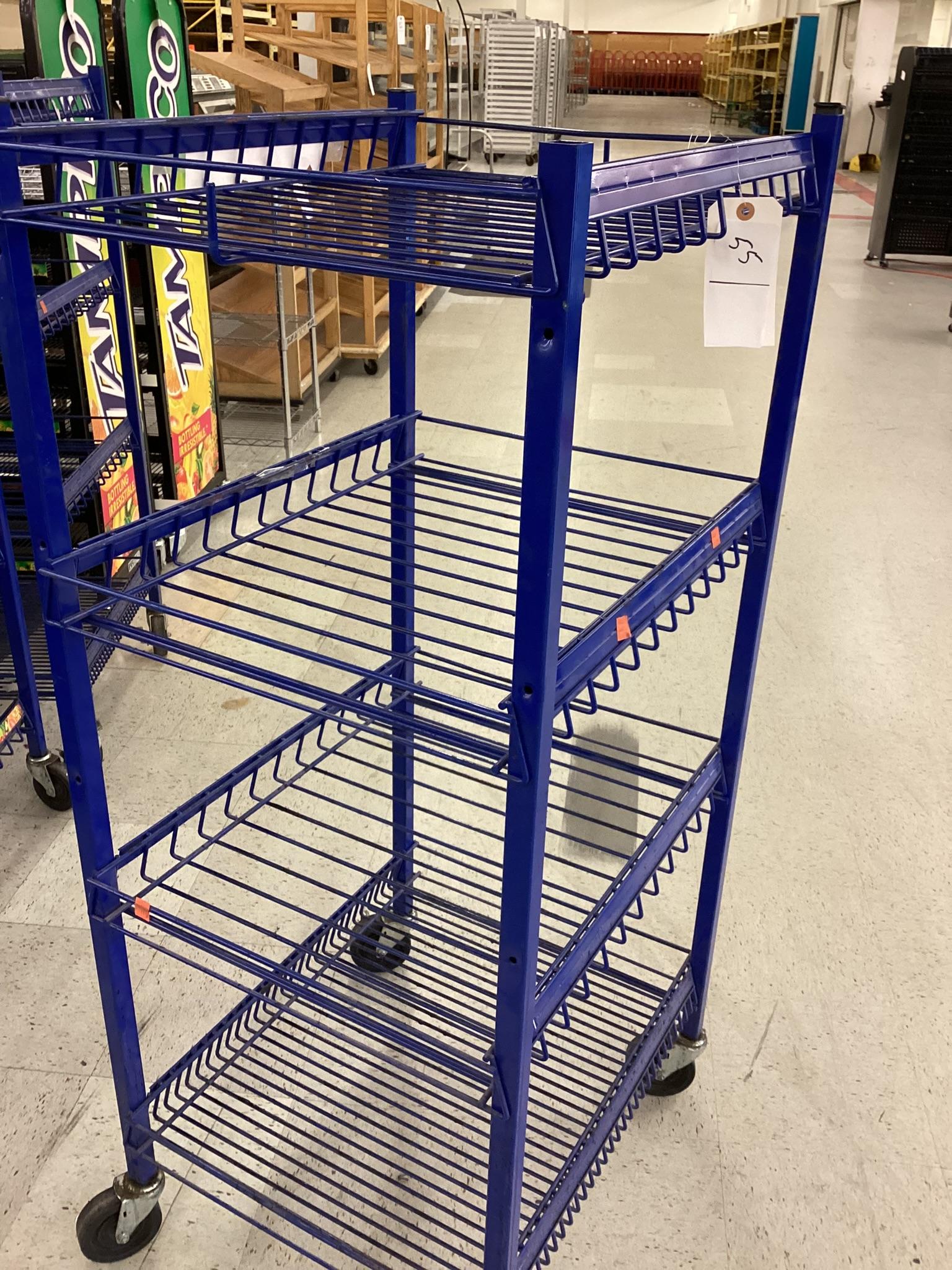 2 BLUE ROLLING 4 SHELF DISPLAY STANDS