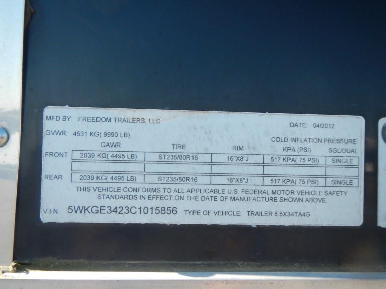 2012 FREEDOM COMBO TRAILER,  TANDEM AXLE, 1/2 ENCOLES, 1/2 OPEN, FOLDING GA