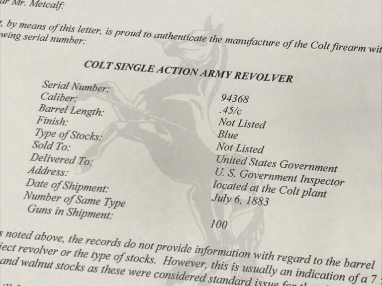 Colt .45 Single Action Army Revolver  “Colt Peacemaker”  With Certification