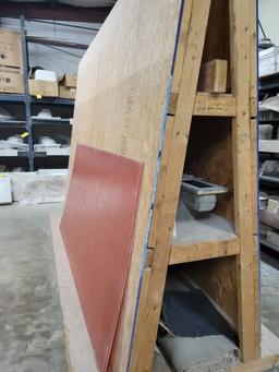 (2) WOODEN A-FRAME RACKS WITH CONTENTS.  GLASS, SHOWER CURB MOLD, MARBLE PI