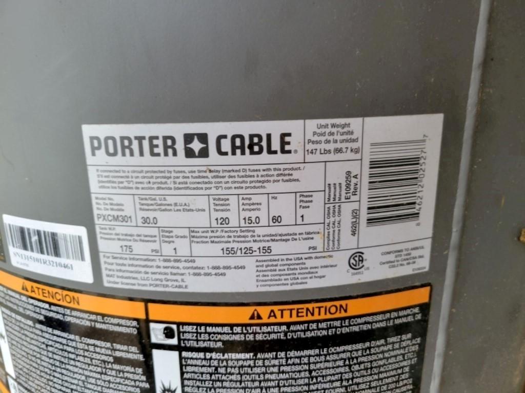 PORTER CABLE AIR COMPRESSOR,  155 PSI, 30 GALLON, 1.6HP WITH HOSE REEL AND