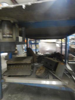 METAL SHOP TABLE & BLUE RACK WITH CONTENTS