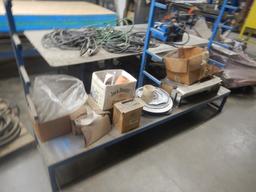 METAL SHOP TABLE & BLUE RACK WITH CONTENTS