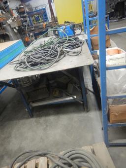 METAL SHOP TABLE & BLUE RACK WITH CONTENTS