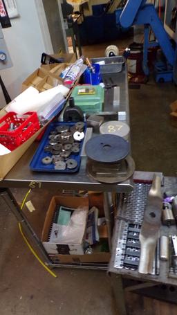 TABLE & CART W/ MISC PARTS, TOOLING, & METAL