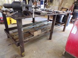 METAL SHOP TABLE W/VISE AND MISC. METAL UNDERNEATH