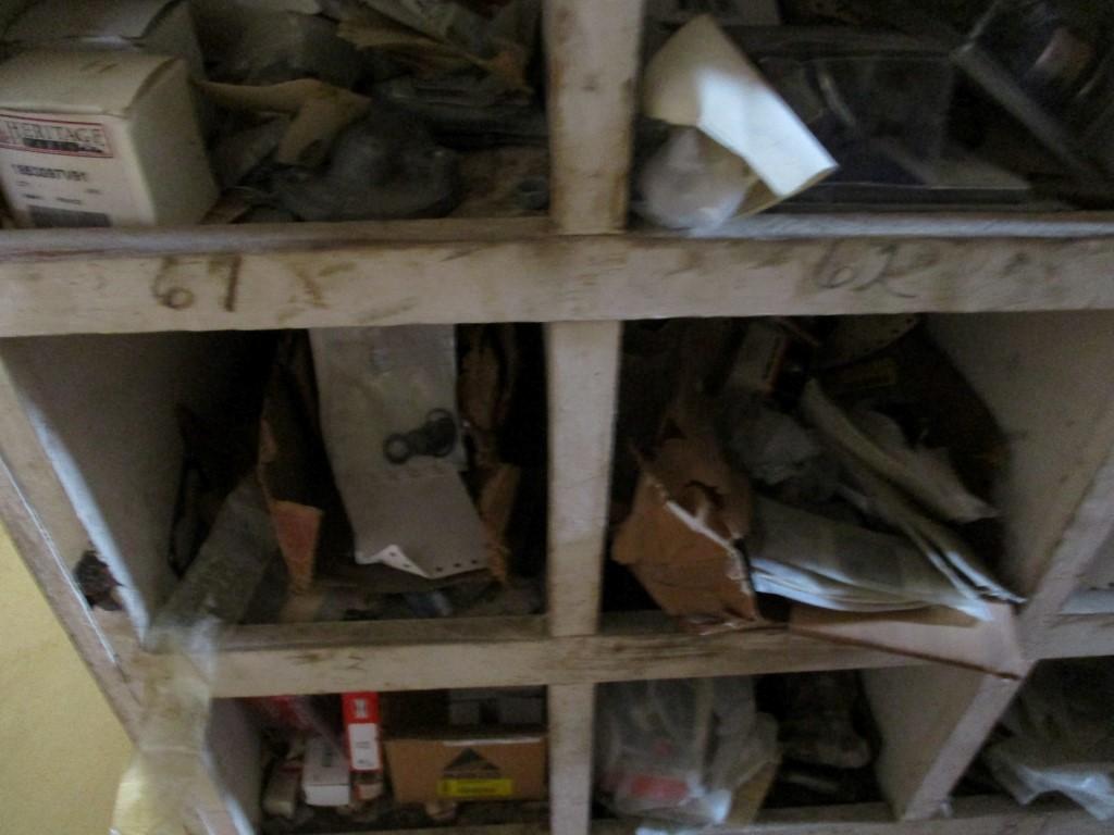 CONTENTS OF WOOD SHELF,  BEARINGS, NUTS, BOLTS, SPRINGS, SEALS, LIGHT SWITC