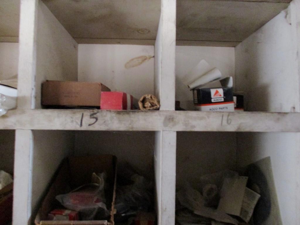 CONTENTS OF WOOD SHELF,  BEARINGS, NUTS, BOLTS, SPRINGS, SEALS, LIGHT SWITC