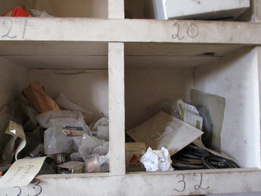 CONTENTS OF WOOD SHELF,  BEARINGS, NUTS, BOLTS, SPRINGS, SEALS, LIGHT SWITC
