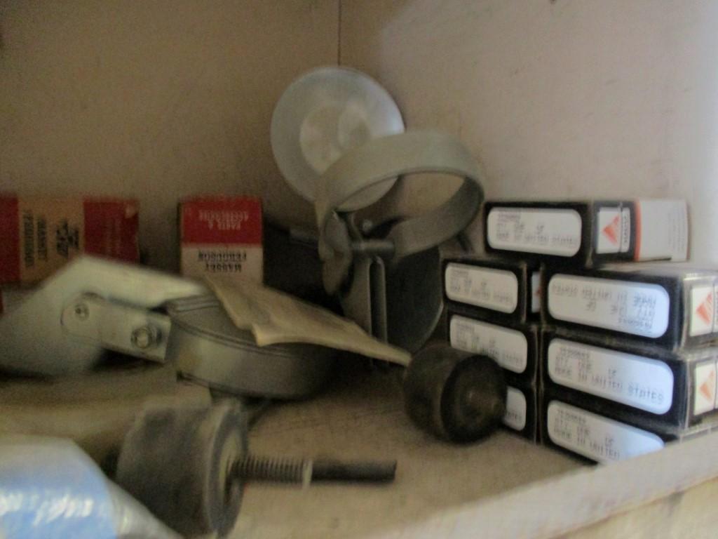CONTENTS OF WOOD SHELF,  BEARINGS, NUTS, BOLTS, SPRINGS, SEALS, LIGHT SWITC