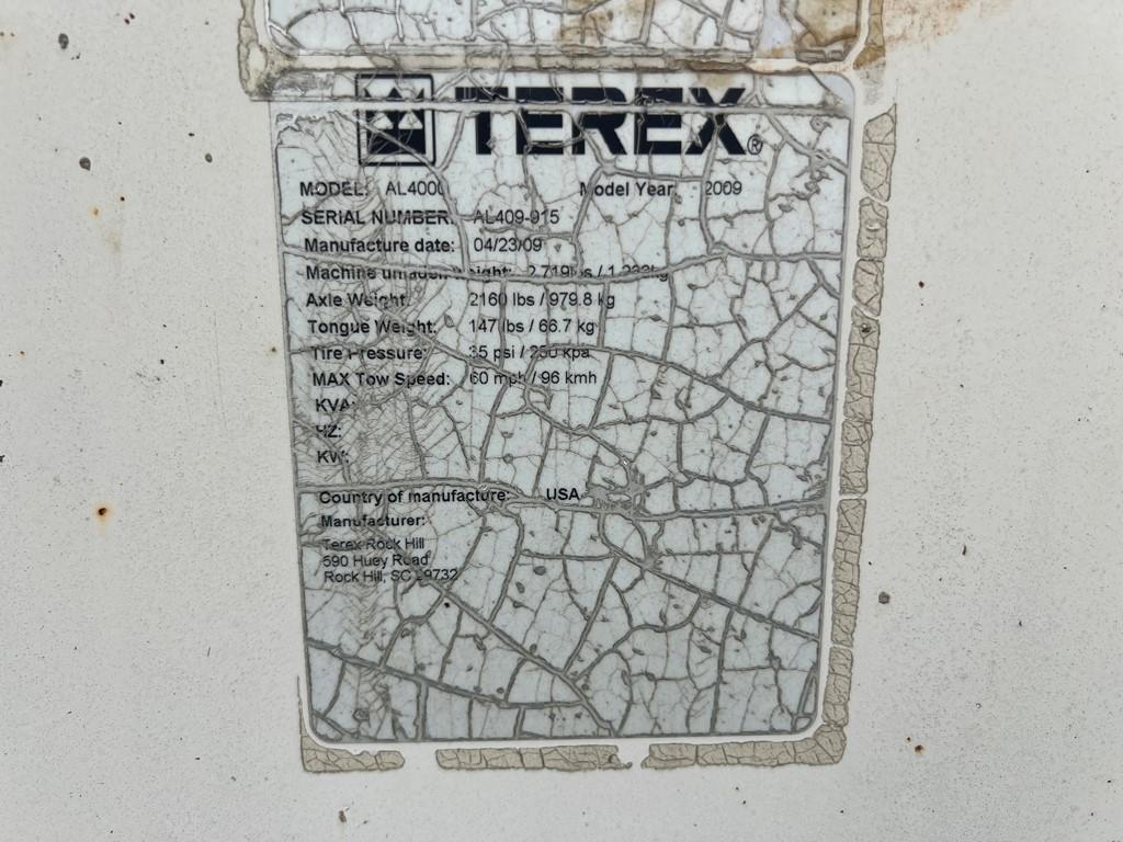 2009 TEREX AL4000 TOWABLE LIGHT TOWER/GENERATOR,  MARATHON 6KW GENERATOR, K