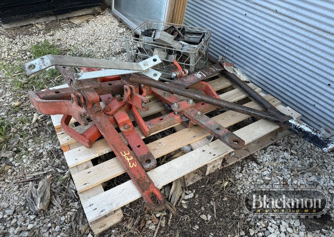 (2) WAREHOUSE RACKS, FIRE EXT HOLDERS & MISC TRACTOR PARTS
