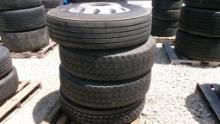 LOT OF TIRES,  (4) 295/75R 22.5, W/ALUMINUM WHEELS, AS IS WHERE IS