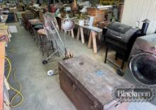 ANTIQUE TRUNK W/ CONTENTS,  FLOOR LAMP, SHOP FAN, STOOLS, BENCH, ROCKER & M