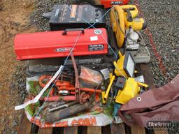 Pallet with battery chargers, dewalt chop saw, kerosene heater, & miscellaneous