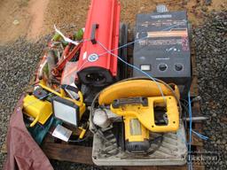 Pallet with battery chargers, dewalt chop saw, kerosene heater, & miscellaneous