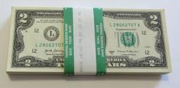BEP PACK OF UNCIRCULATED $2 BILLS MOSTLY CONSECUTIVE