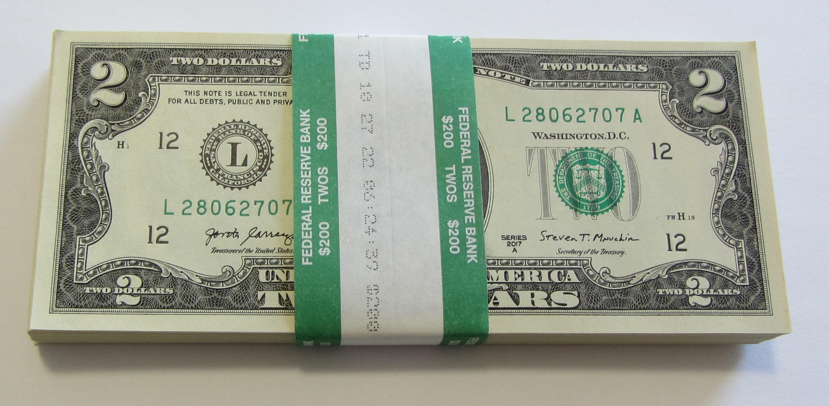 BEP PACK OF UNCIRCULATED $2 BILLS MOSTLY CONSECUTIVE
