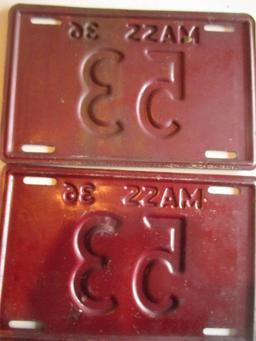 Pair 1936 Massachusetts Low Number License Plates