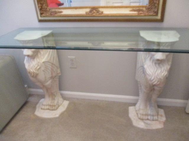 Glass Top, Composite Figural Lion 29" x 18" x 54" Bases