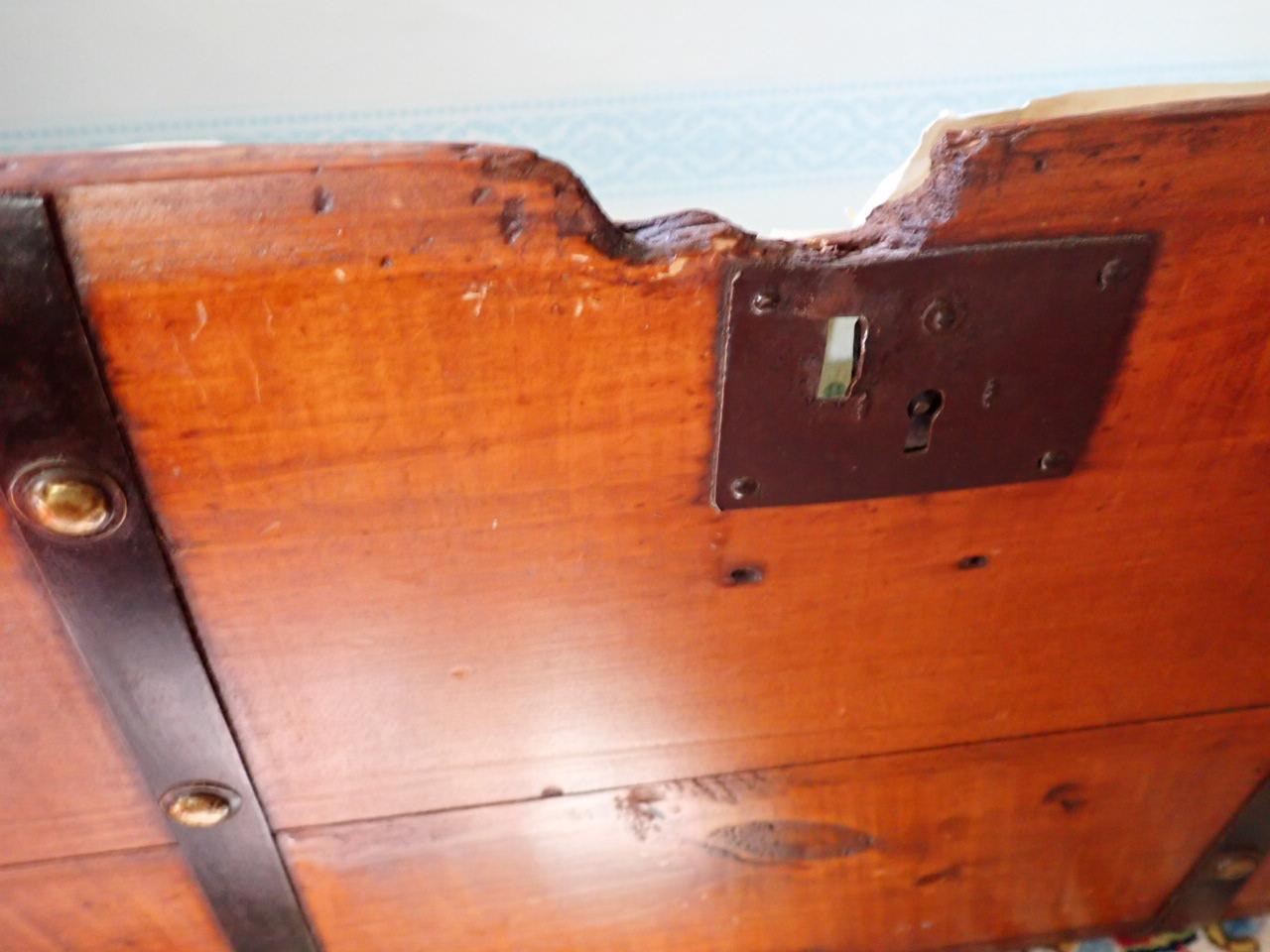 Antique Steamer Trunk. "Gold Rush Trunk". Leather straps w/ brass studs that symbolize gold nuggets