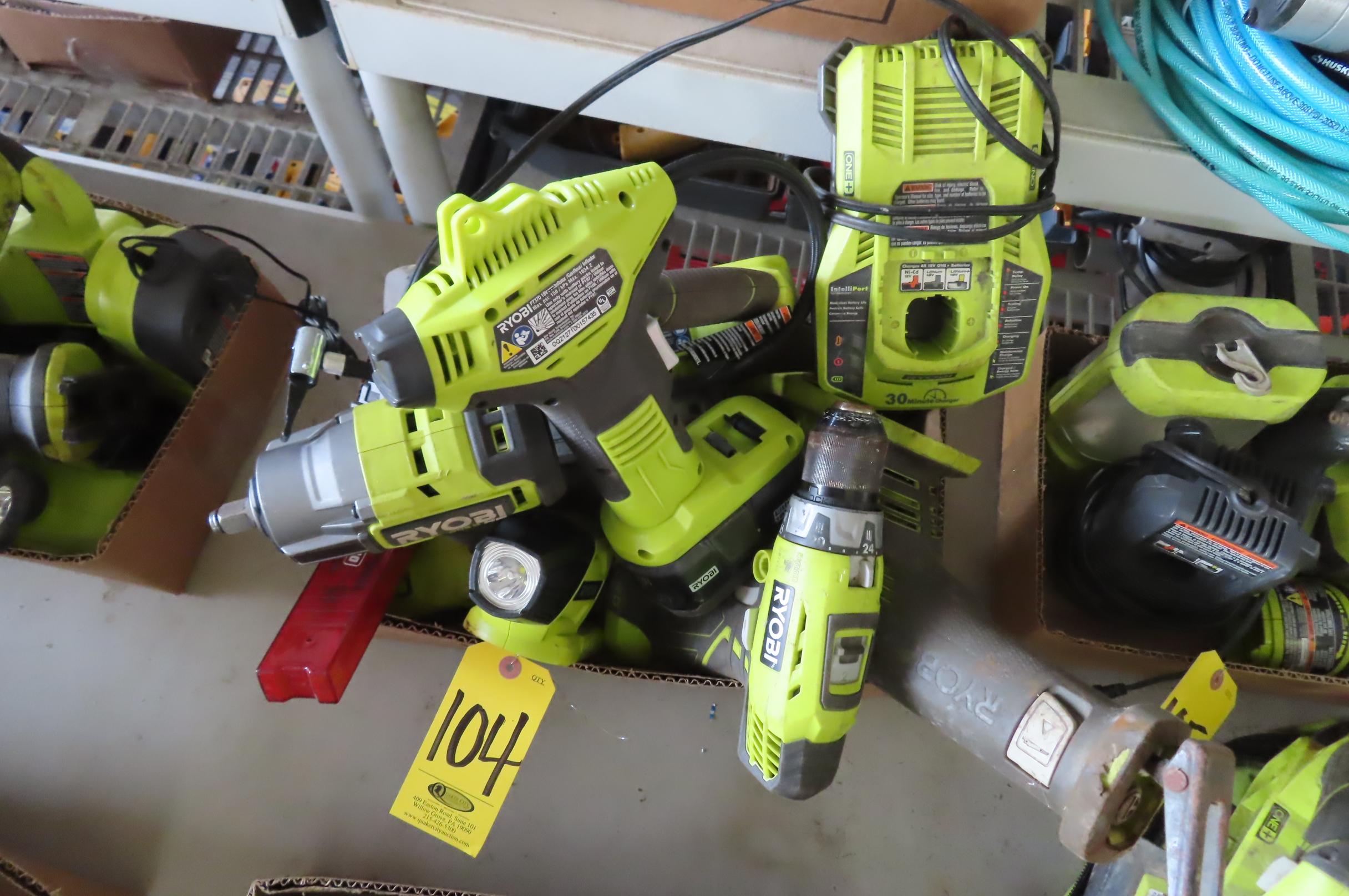 RYOBI 7 PIECE CORDLESS POWER SET, TWO BATTERIES AND ONE CHARGER