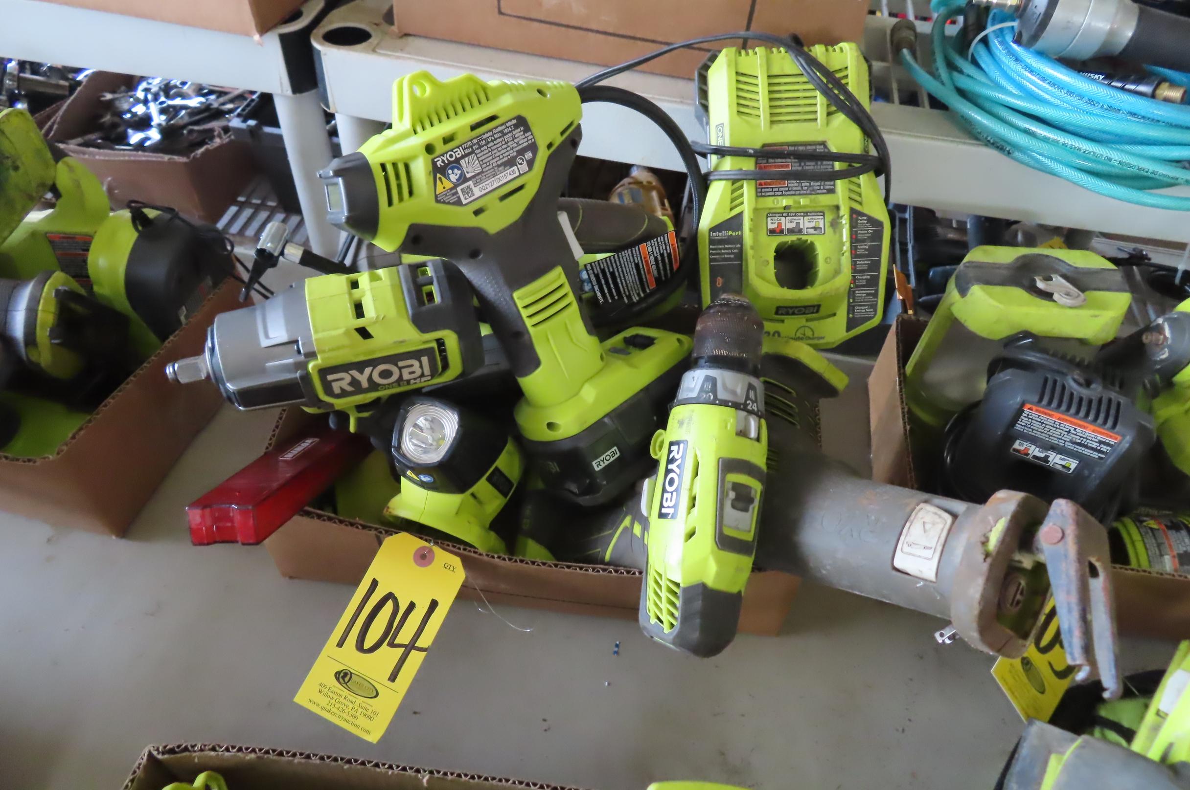 RYOBI 7 PIECE CORDLESS POWER SET, TWO BATTERIES AND ONE CHARGER