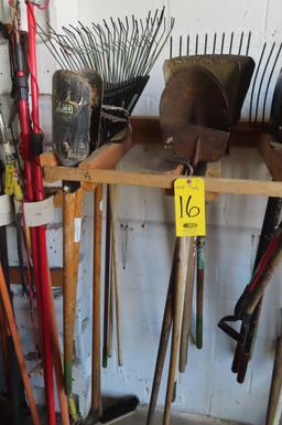 ASST. SHOVELS, RAKES, PITCHFORK, AND POST DIGGER