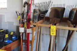 ASST. SHOVELS, RAKES, PITCHFORK, AND POST DIGGER