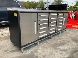 UNUSED CHERY STEELMAN STAINLESS STEEL WORK BENCH, APPROX 10FT, 18 DRAWERS, 2 CABINETS, ALUMINUM H...