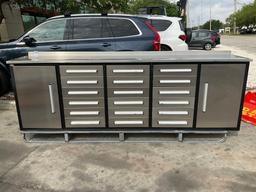 UNUSED CHERY STEELMAN STAINLESS STEEL WORK BENCH, APPROX 10FT, 18 DRAWERS, 2 CABINETS, ALUMINUM H...